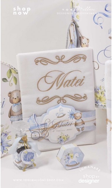 Trusou botez cu ursuleti ponei si flori albastre Teddy Bear Blue 7